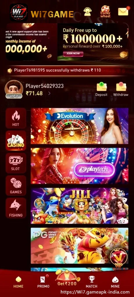 WI7 Game mobile interface for adult Android players in India