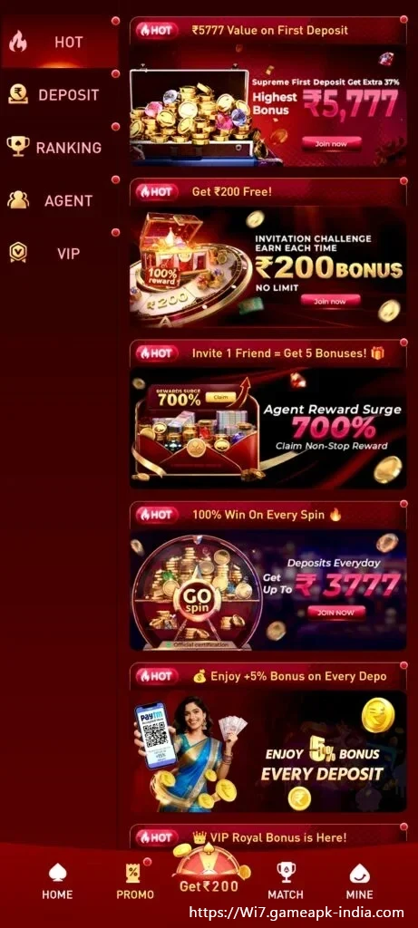 WI7 mobile rewards area and featured Android game cards